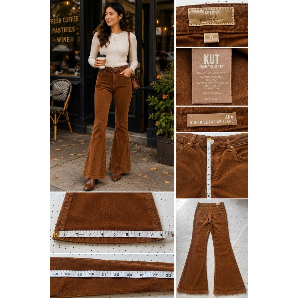 KUT From The Kloth Ana High Rise Corduroy Flare Pants Brown Y2K Boho Size 0